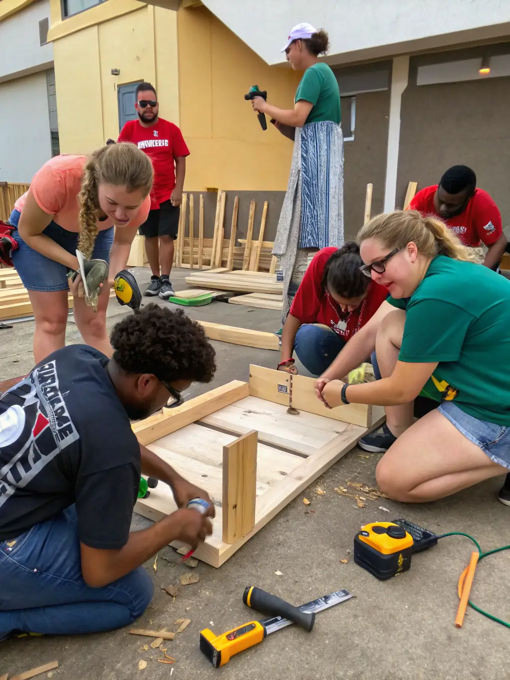 A vibrant photograph capturing a community workshop led by LES PRODUCTIONS DE LA MEZZANINE, showcasing participants actively engaged in restoring a vintage theatrical prop, emphasizing hands-on learning and cultural preservation.