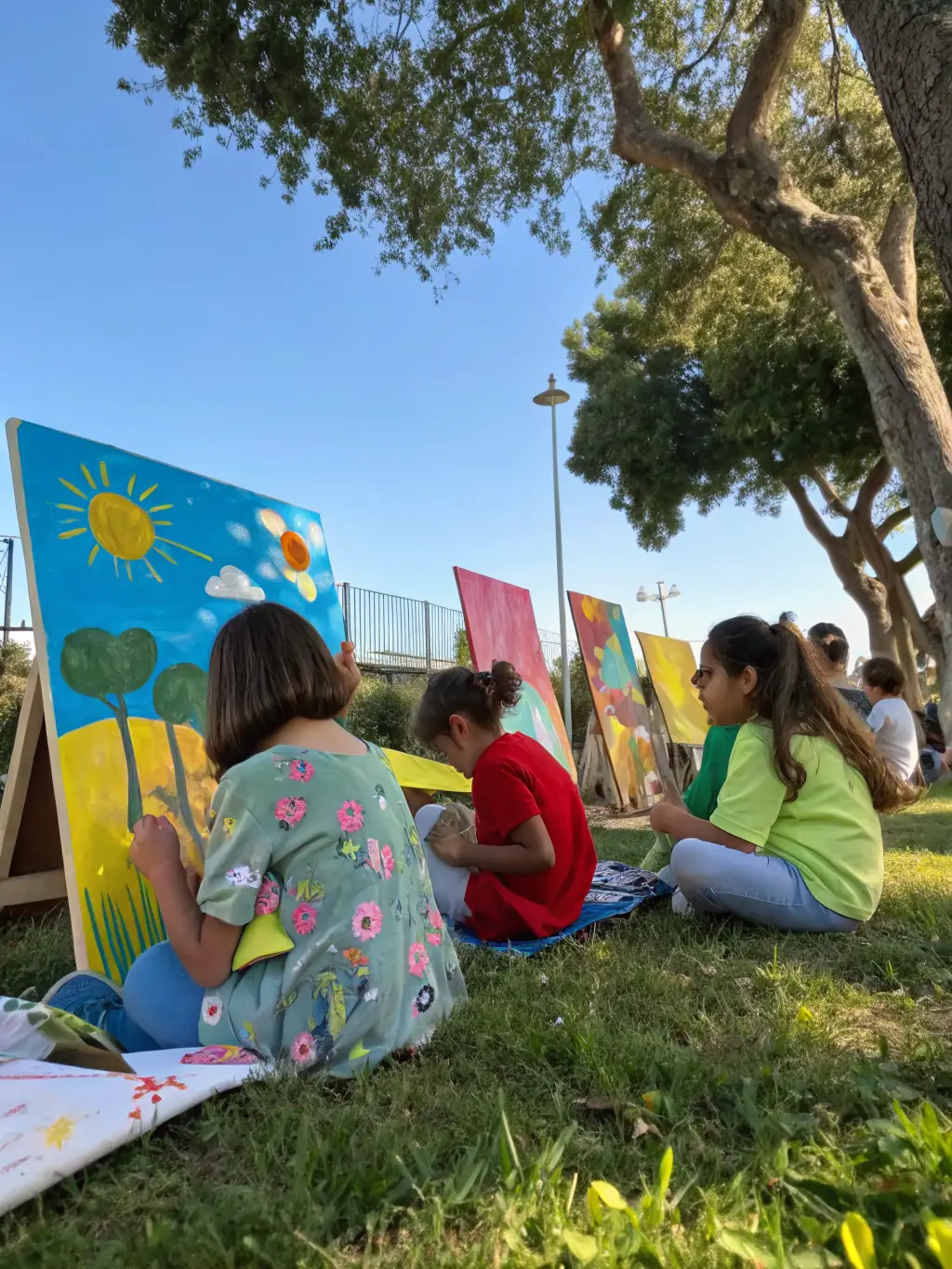 A heartwarming photograph of a cultural outreach event organized by LES PRODUCTIONS DE LA MEZZANINE, showing children participating in an interactive art activity, promoting cultural participation and community engagement.