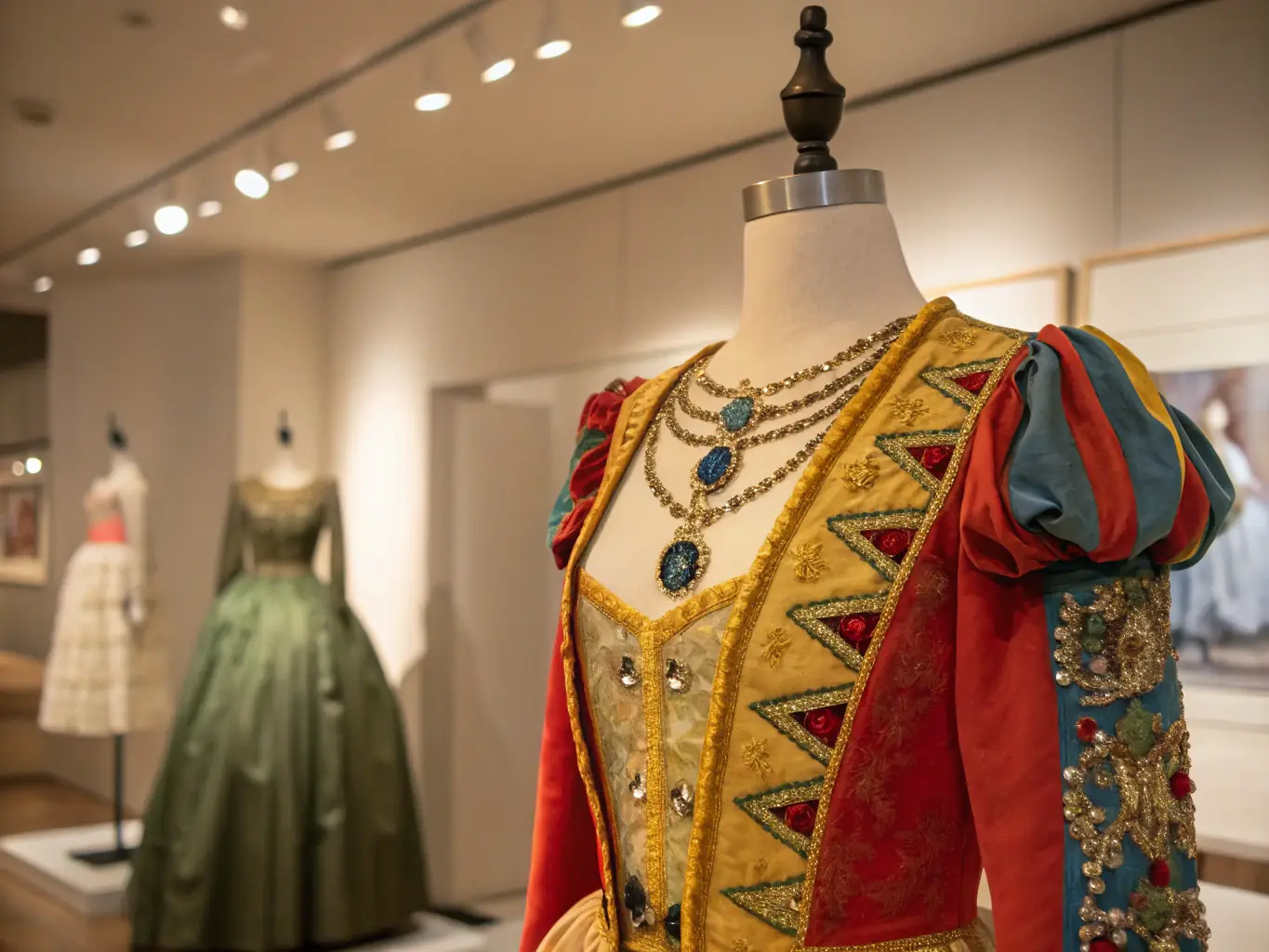 A detailed photograph showcasing the meticulous restoration of a vintage theatrical costume, highlighting the intricate details and craftsmanship involved in preserving artistic heritage.